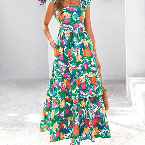 Summer Dresses for Women 2025 Casual Ruffle Smocked Tiered A-Line Boho Floral Ma - Picture 8 of 8